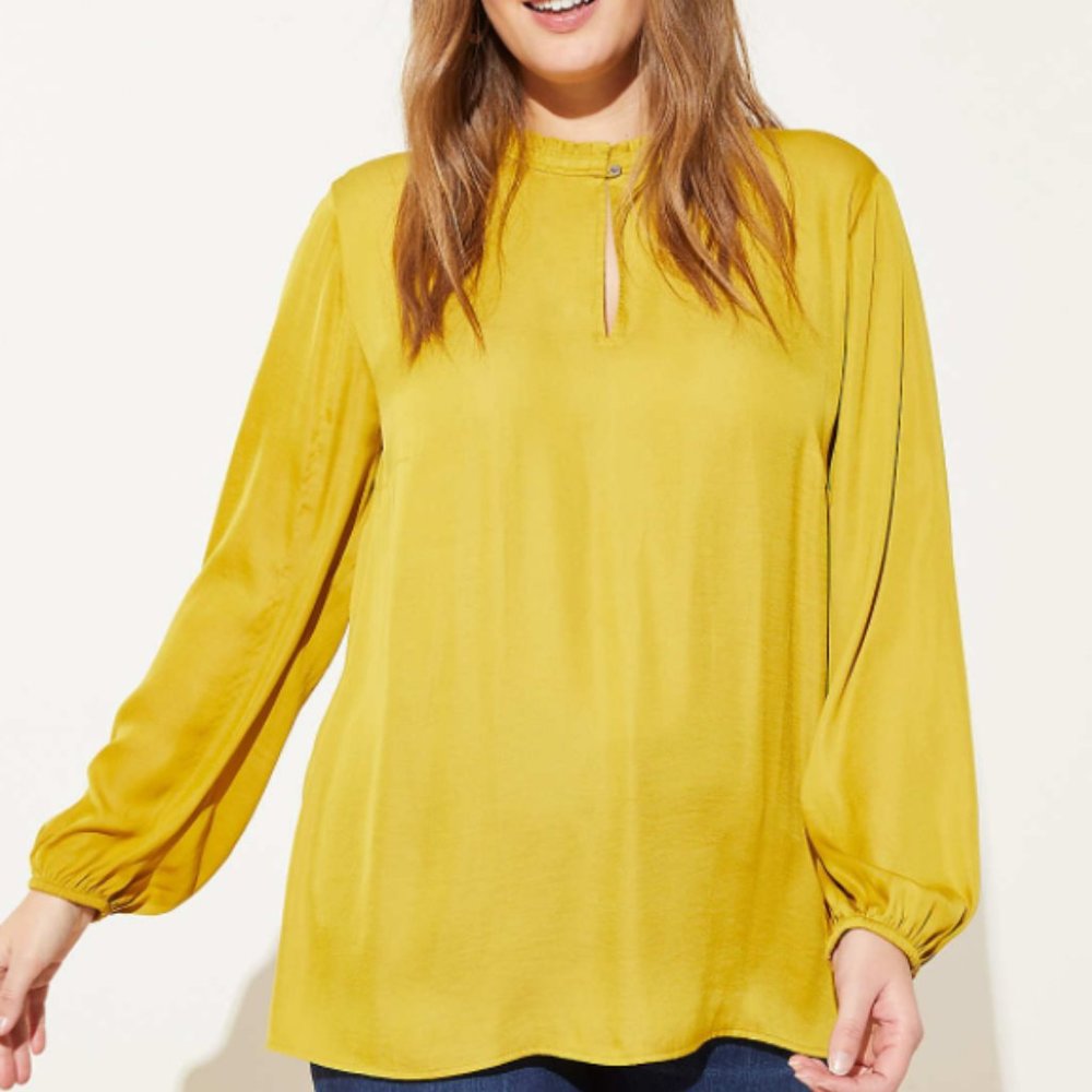 HTF LOFT PLUS Mustard Yellow Long-Sleeve Keyhole Blouse